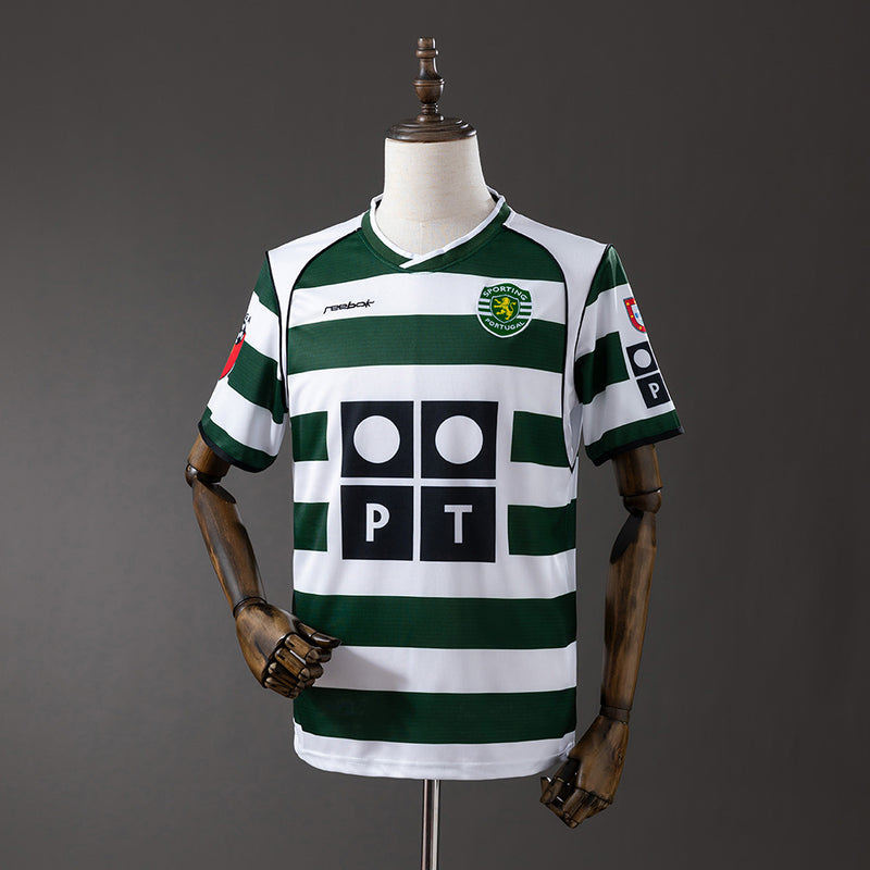 Camiseta vintage de aficionado del Sporting 01/03, color verde y blanco.